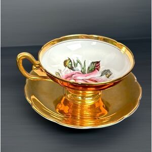 Vintage Taylor & Kent Large Pink Cabbage Rose Tea Cup Saucer Heavy Gold Signed